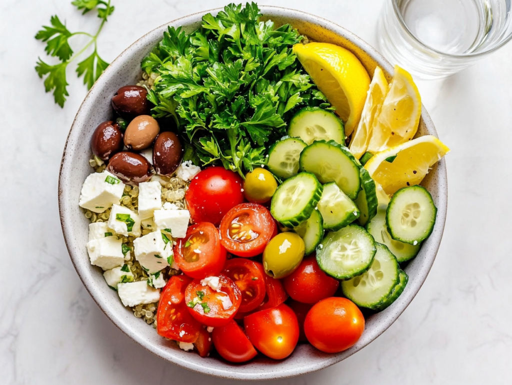 Colorful superfood salad with kale, spinach, avocado, and berries in a wooden bowl