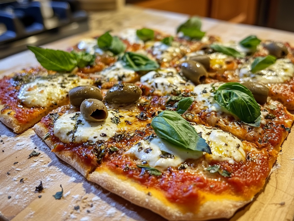 Thin-crust Mediterranean pizza with customizable toppings like olives, basil, and mozzarella Mediterranean diet recipes for picky eaters