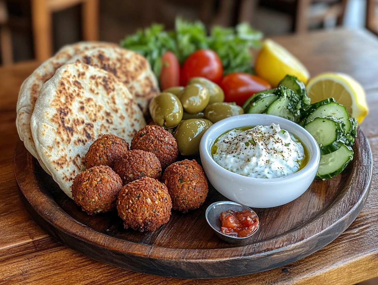 A Mediterranean platter with air-fried falafel, pita bread, tzatziki sauce, and a fresh cucumber-tomato-olive salad