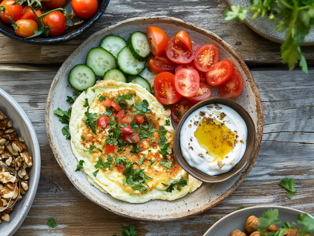 A simple Mediterranean breakfast with an omelet, tomatoes, cucumbers, and yogurt drizzled with honey