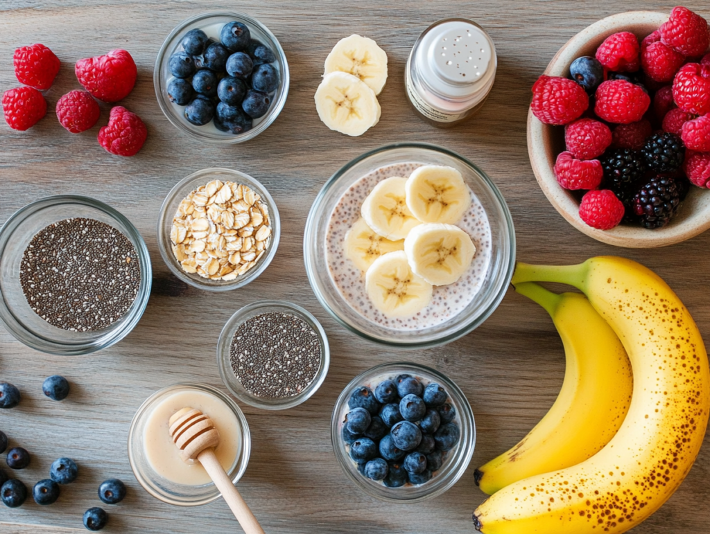 A top-down view of ingredients for blended overnight oats, including oats, almond milk, honey, banana, chia seeds, and fresh berries