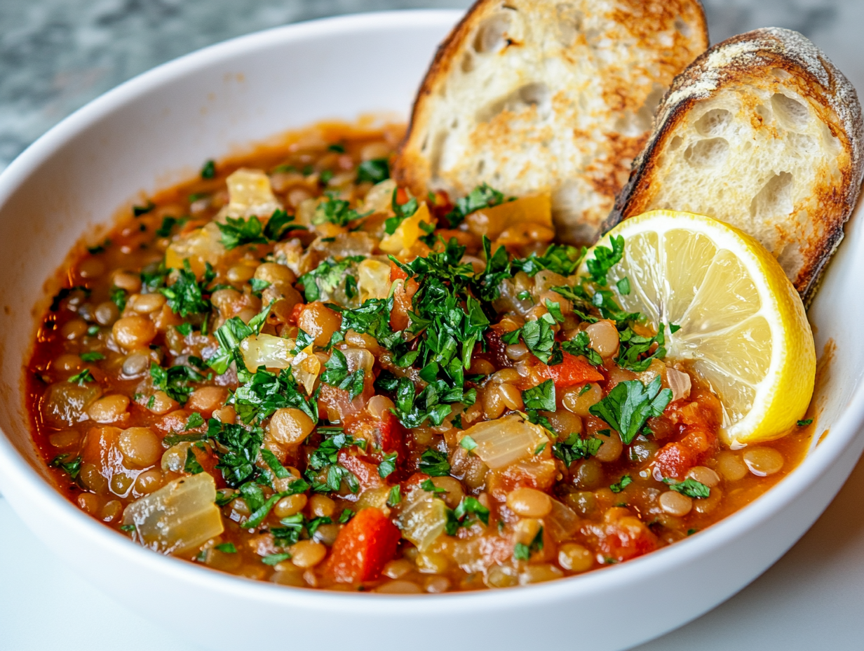 Mediterranean lentil stew garnished with parsley and lemon slices