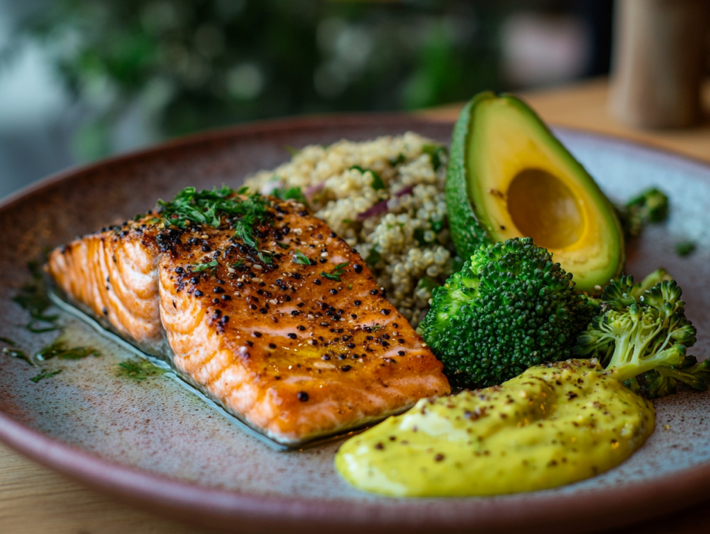 A plated meal with grilled salmon, quinoa, broccoli, and avocado salad, perfect for an anti-inflammatory diet