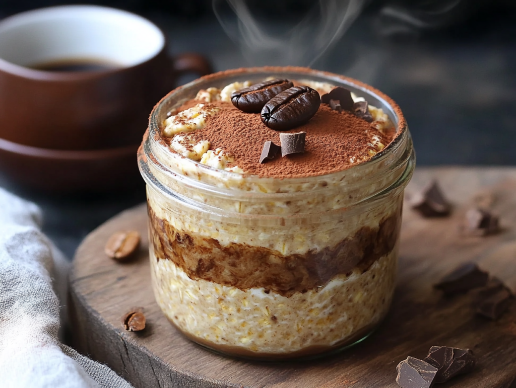 A jar of creamy tiramisu overnight oats topped with cocoa powder and a coffee bean, served with a cup of coffee