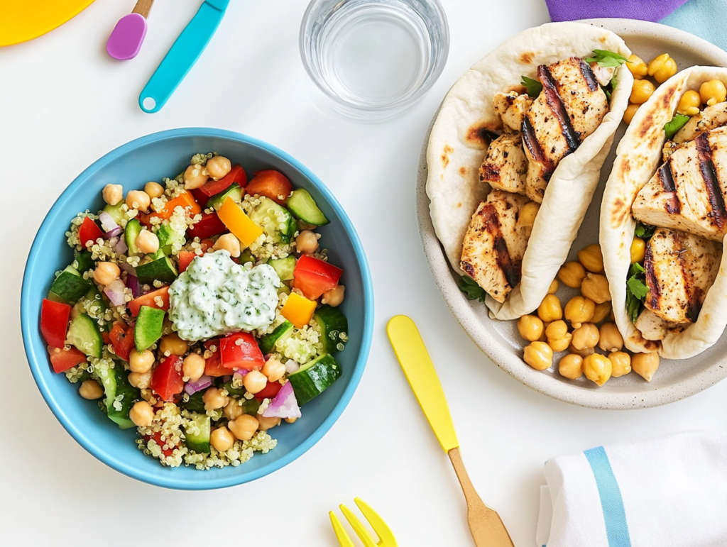 Pita pockets filled with grilled chicken and veggies, served with a colorful quinoa salad