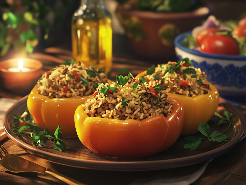 Stuffed bell peppers filled with brown rice and ground turkey, garnished with parsley, in a cozy Mediterranean dinner setting