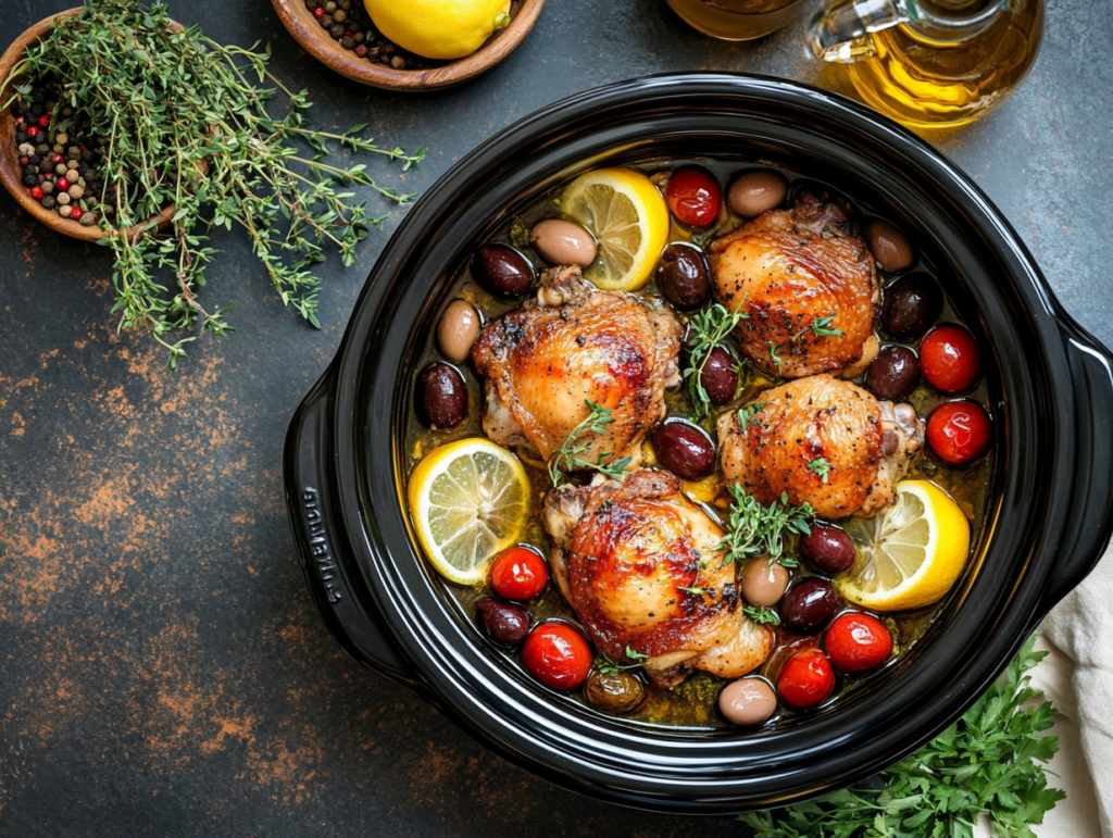 Crockpot with Mediterranean chicken thighs, olives, cherry tomatoes, and lemon slices, seasoned with olive oil and oregano