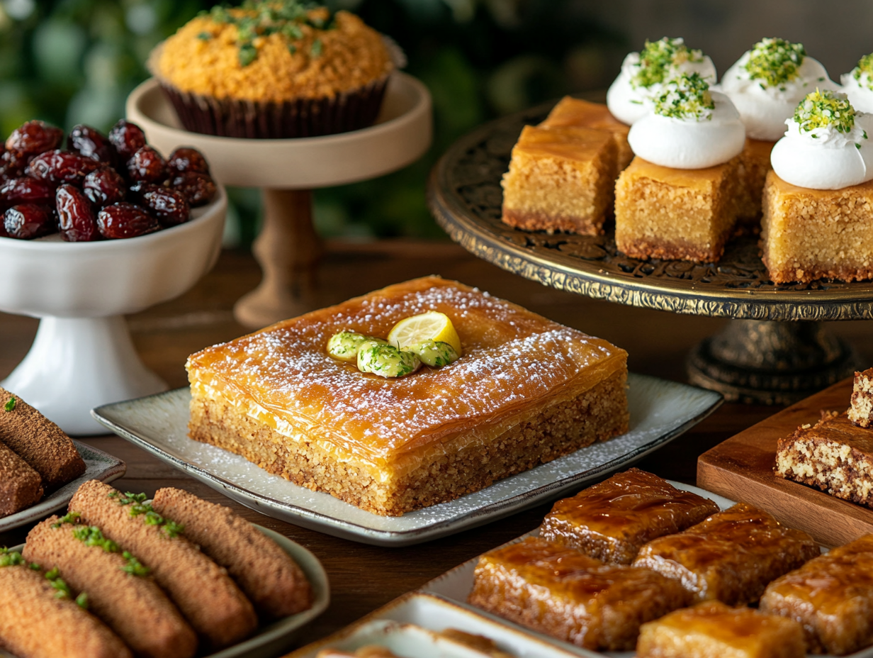 A variety of vegan Mediterranean desserts, including almond baklava, semolina cake, and date cookies