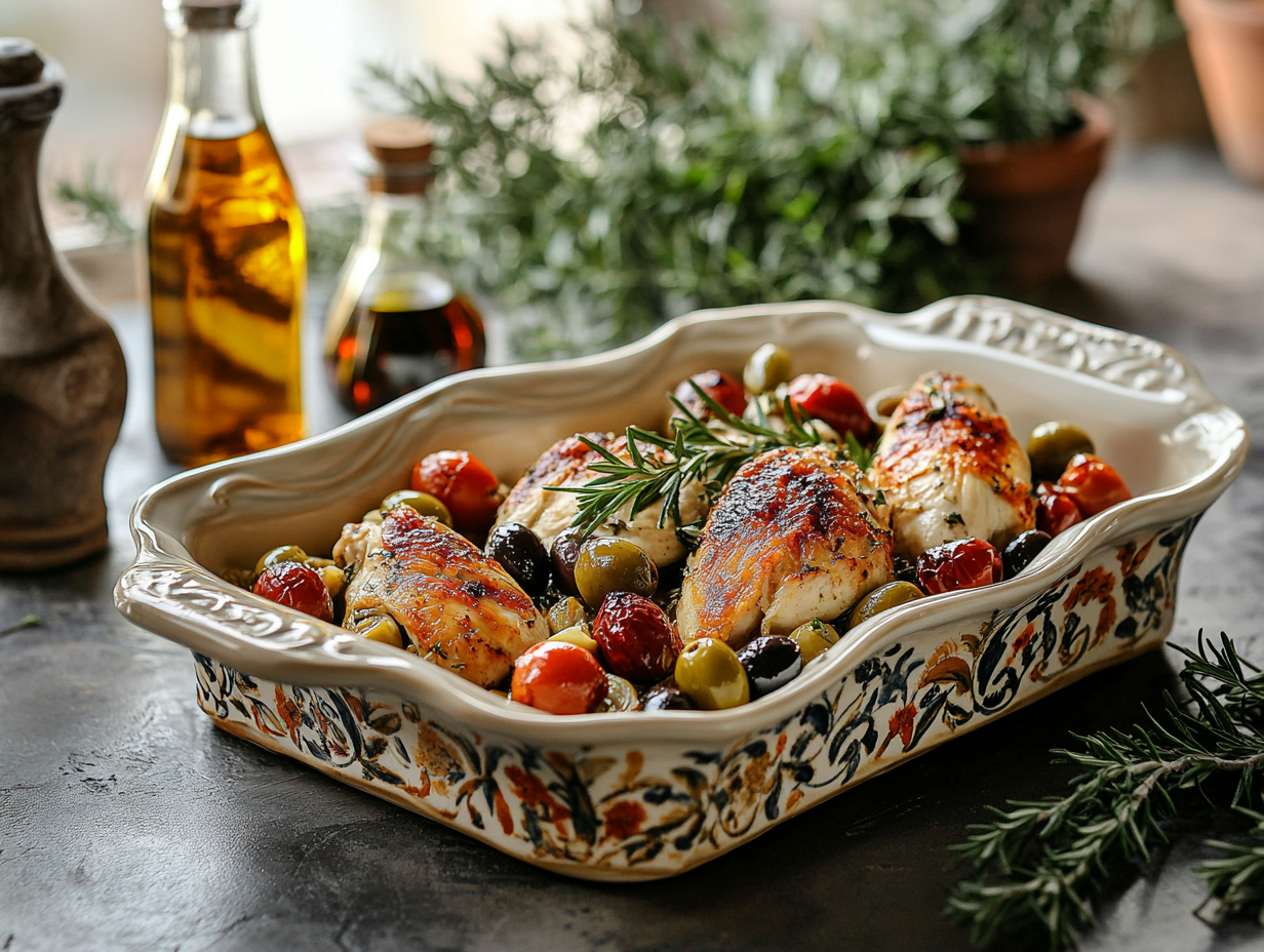 chicken with artichokes, olives, and cherry tomatoes