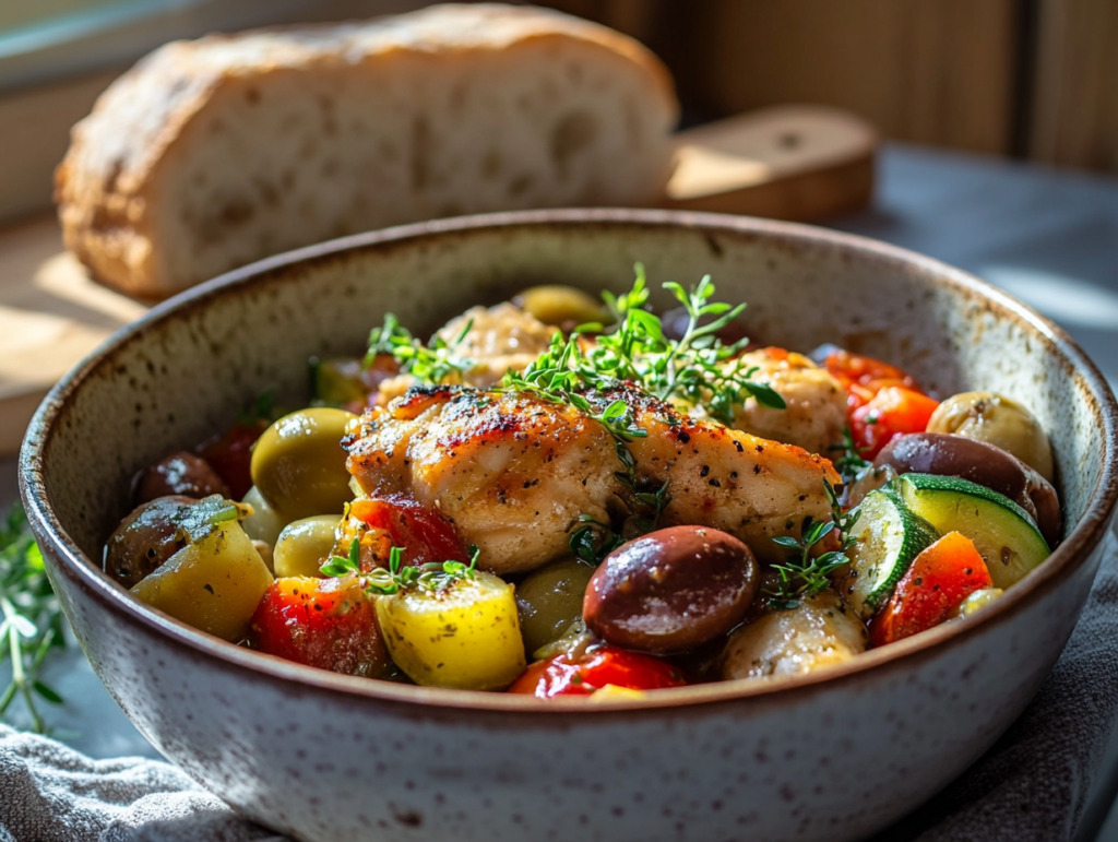 Slow-cooked Mediterranean chicken stew with vegetables and olives