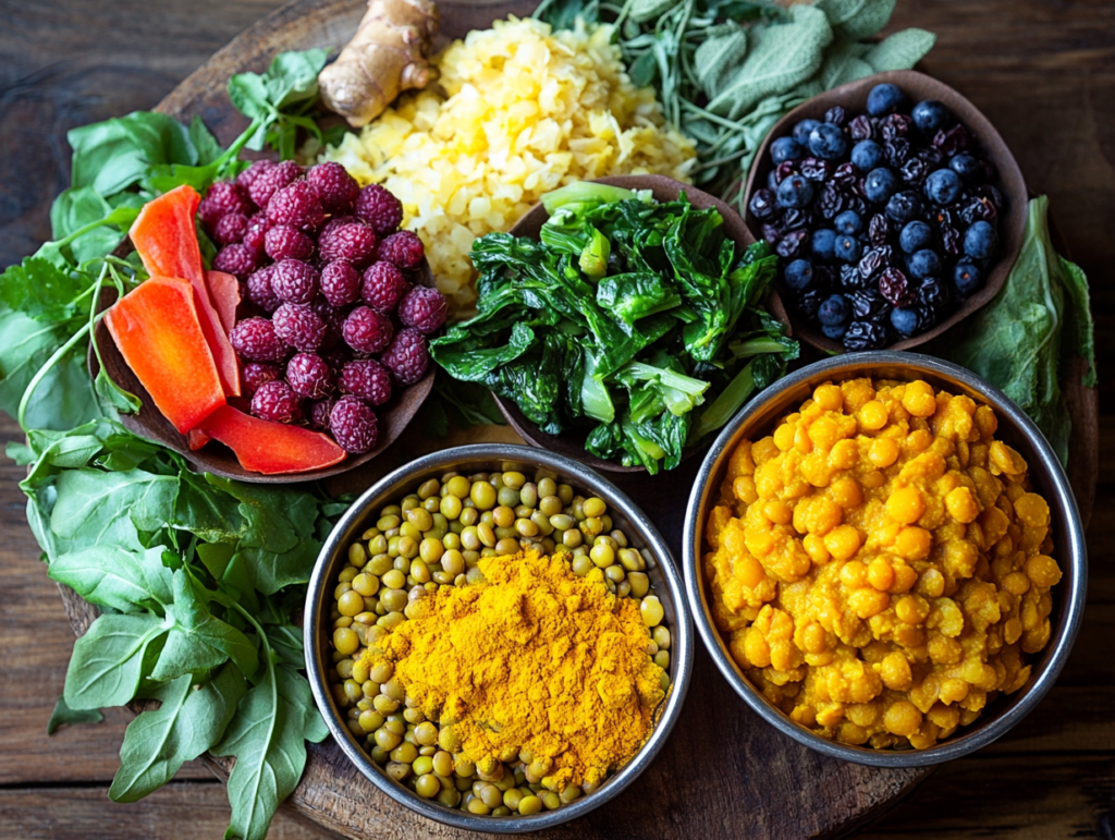 A nutritious Indian thali with inflammation-fighting foods like turmeric dal, greens, and antioxidant-rich berries