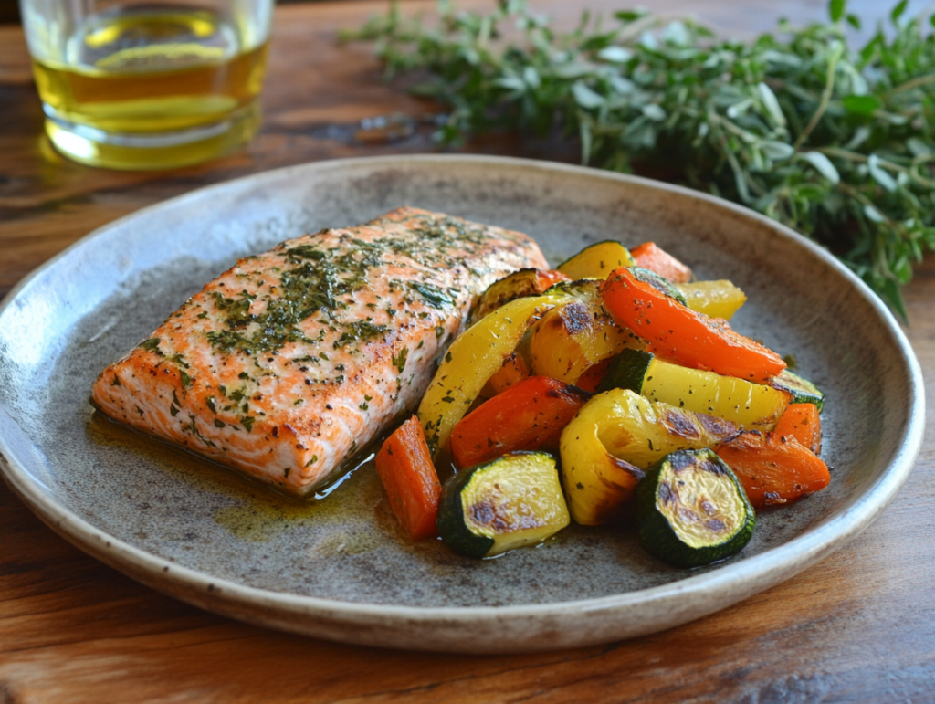 Grilled salmon served with roasted zucchini, bell peppers, and carrots, perfect for GERD-friendly Mediterranean meals