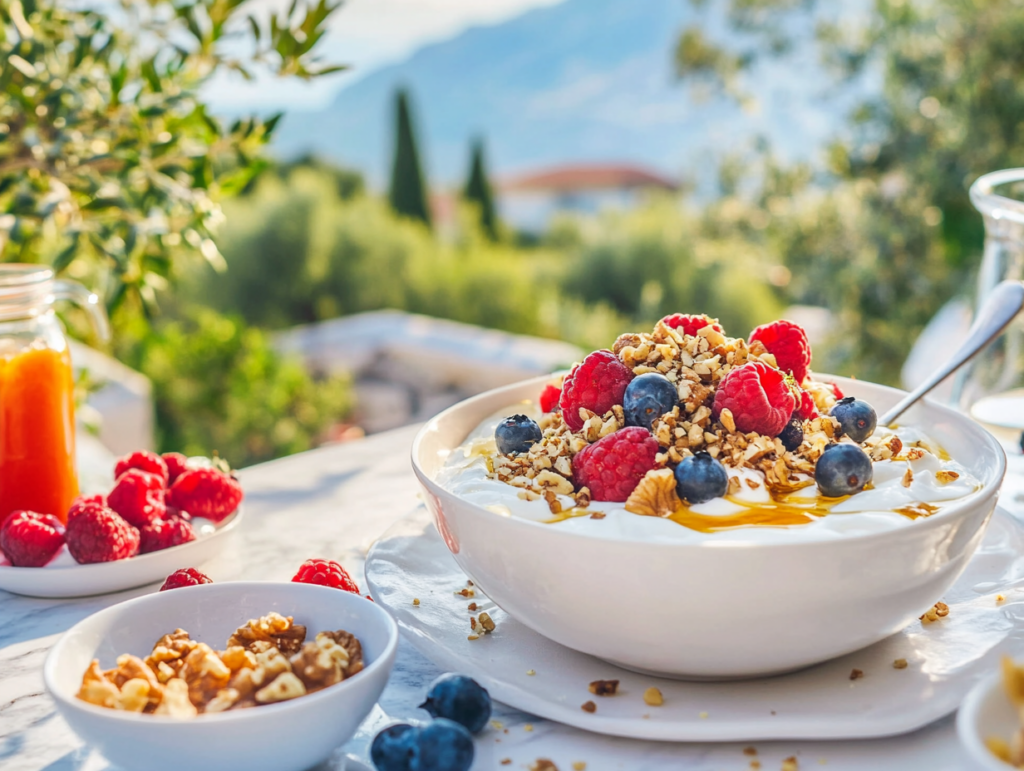 Greek yogurt with berries and nuts, served on a Mediterranean breakfast table