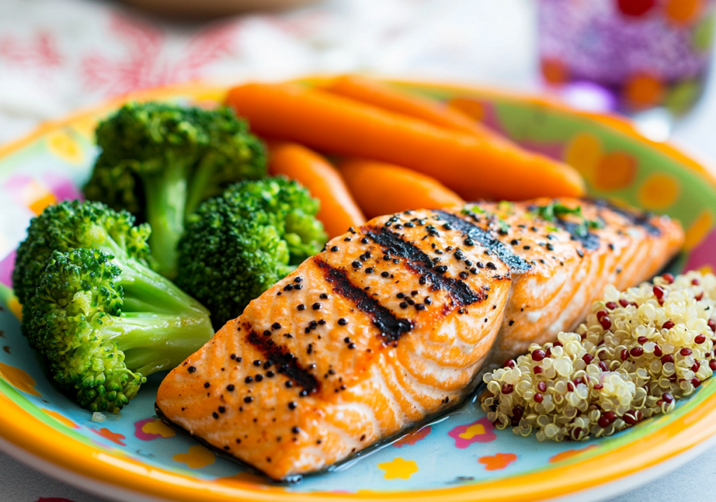 A healthy anti-inflammatory meal for kids with grilled salmon, quinoa, broccoli, and carrots on a colorful plate