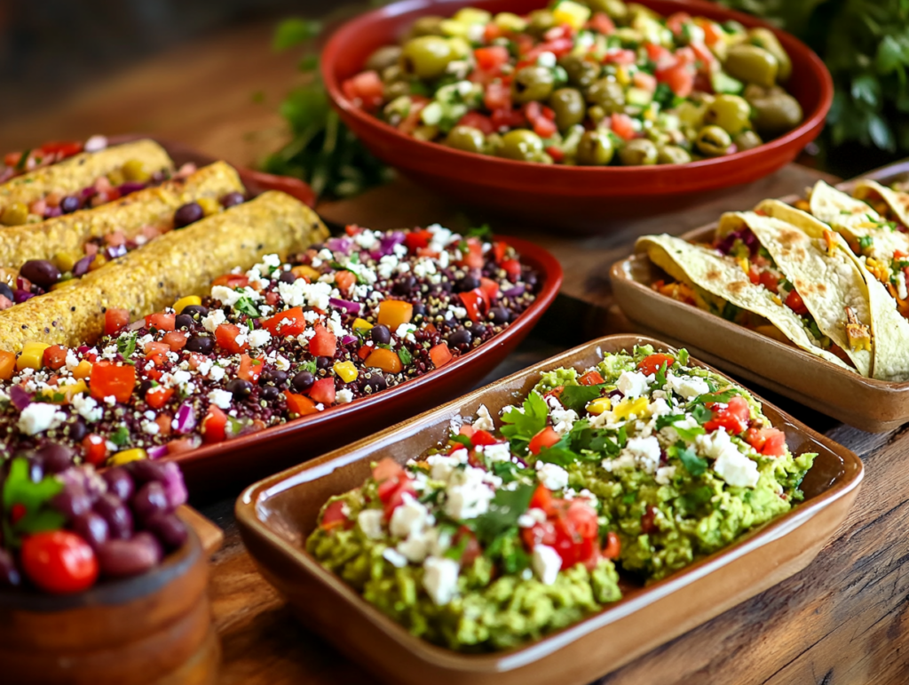 A spread of Mediterranean-Mexican fusion dishes with fresh vegetables and healthy ingredients