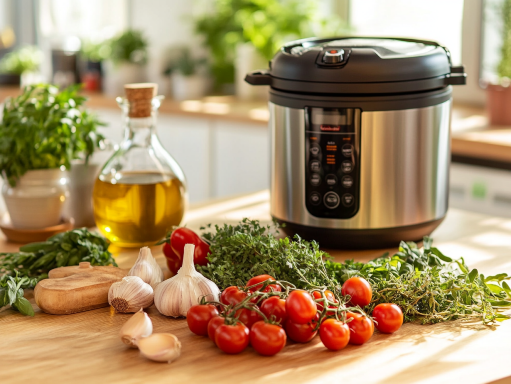 Mediterranean ingredients and an Instant Pot on a kitchen counter