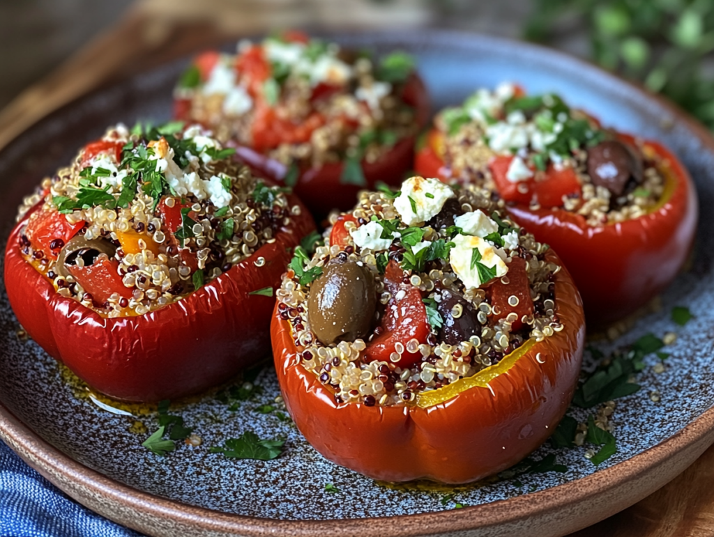 Air fryer stuffed bell peppers with quinoa, olives, feta, and fresh herbs