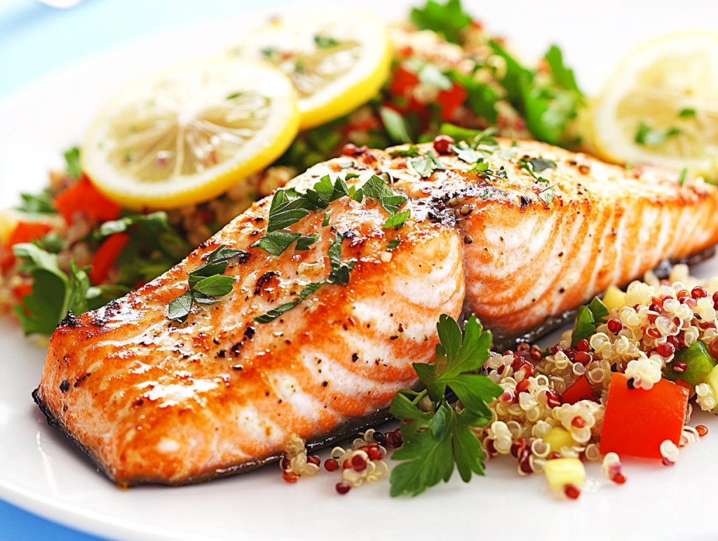 Baked salmon with herbs and quinoa salad, low FODMAP recipe