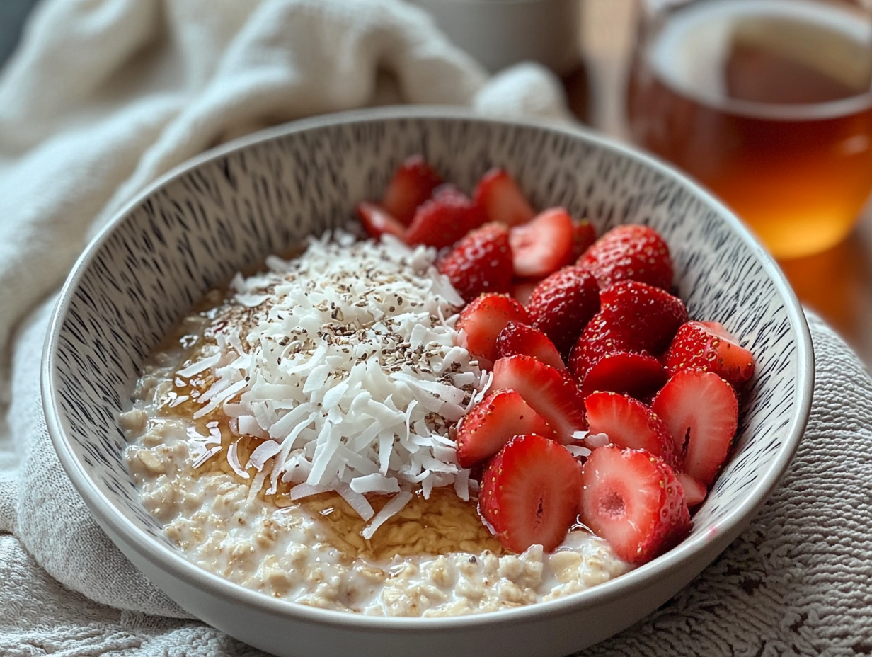 A bowl of overnight oats without yogurt, garnished with strawberries, coconut, and honey