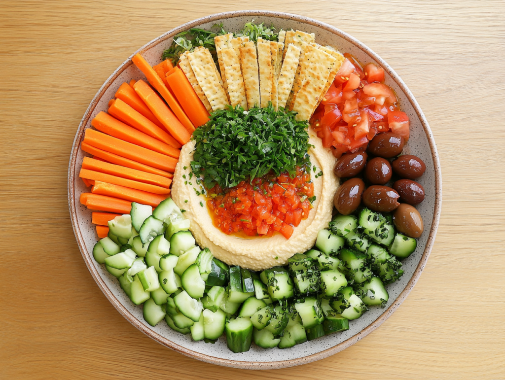 Low FODMAP hummus platter with vegetables and olives