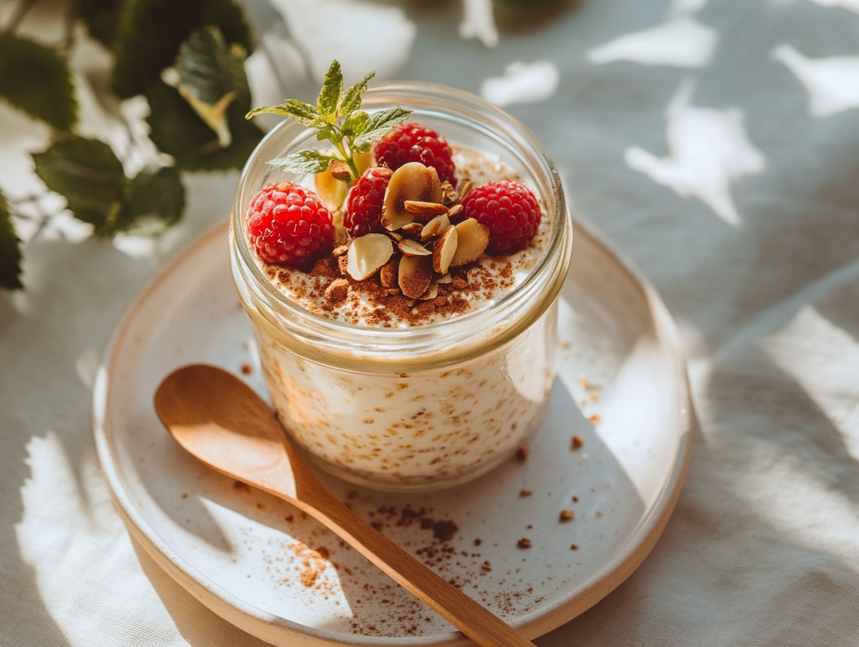 A jar of diabetic overnight oats topped with fresh berries, almonds, and cinnamon, served on a white plate with a wooden spoon