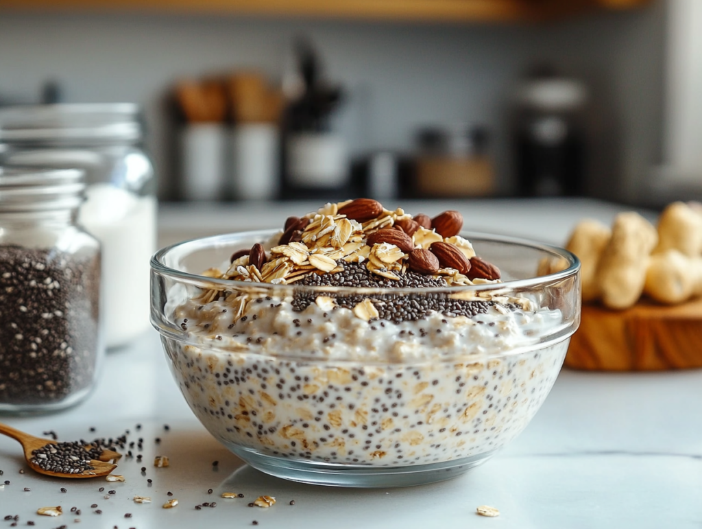 A bowl of Erewhon-style overnight oats with chia seeds, almond milk, and coconut yogurt, surrounded by fresh ingredients