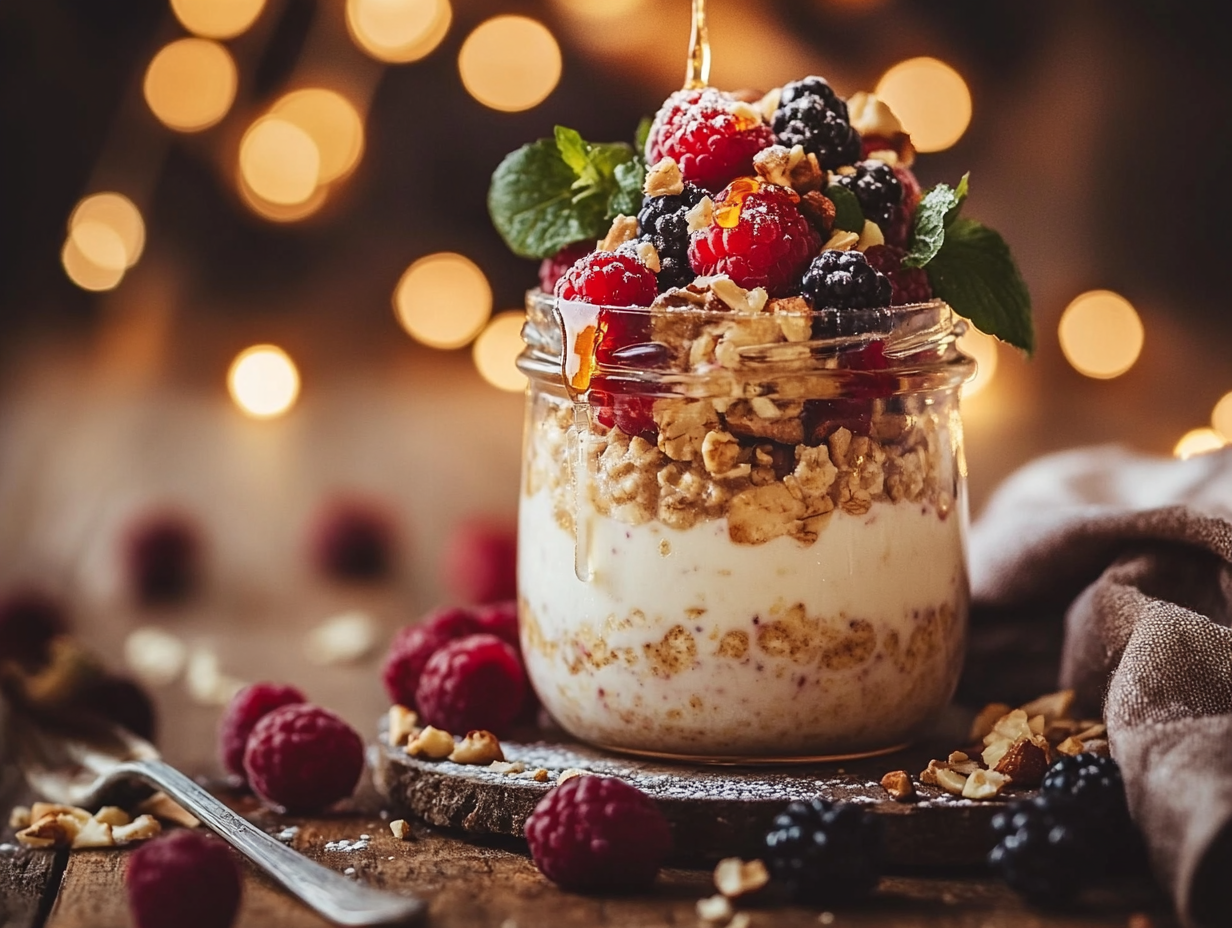 A jar of blended overnight oats topped with fresh berries, chopped nuts, and honey, ready to be enjoyed as a healthy breakfast