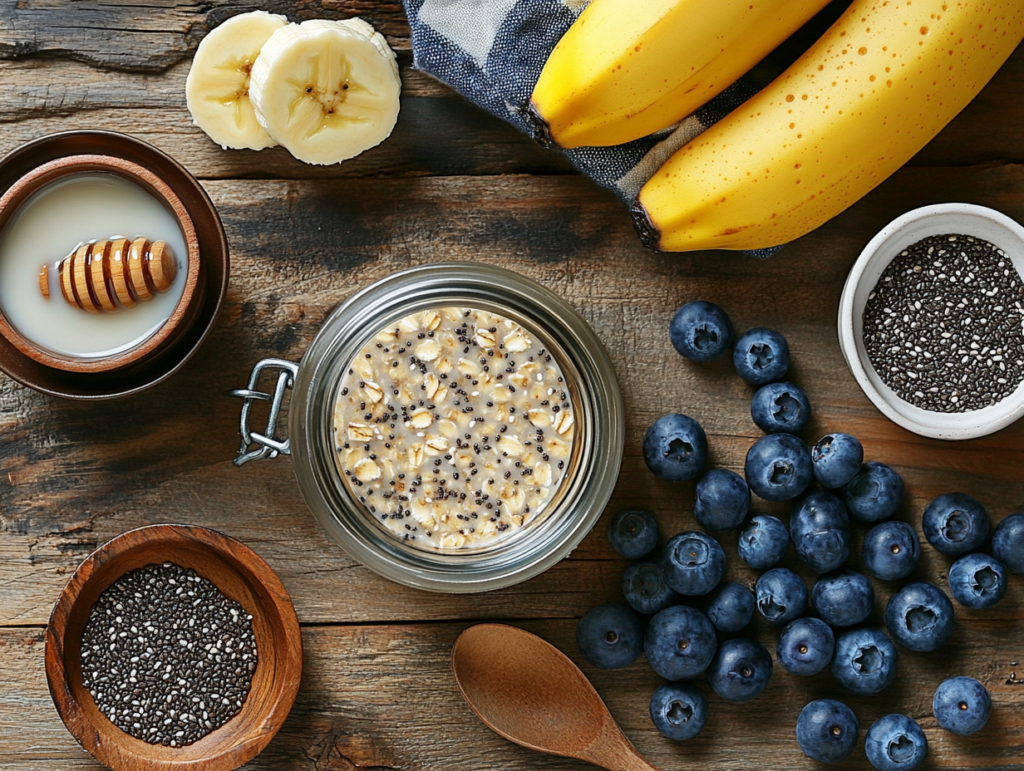 A variety of fresh ingredients for a blended overnight oats recipe, including oats, almond milk, honey, chia seeds, and fruits