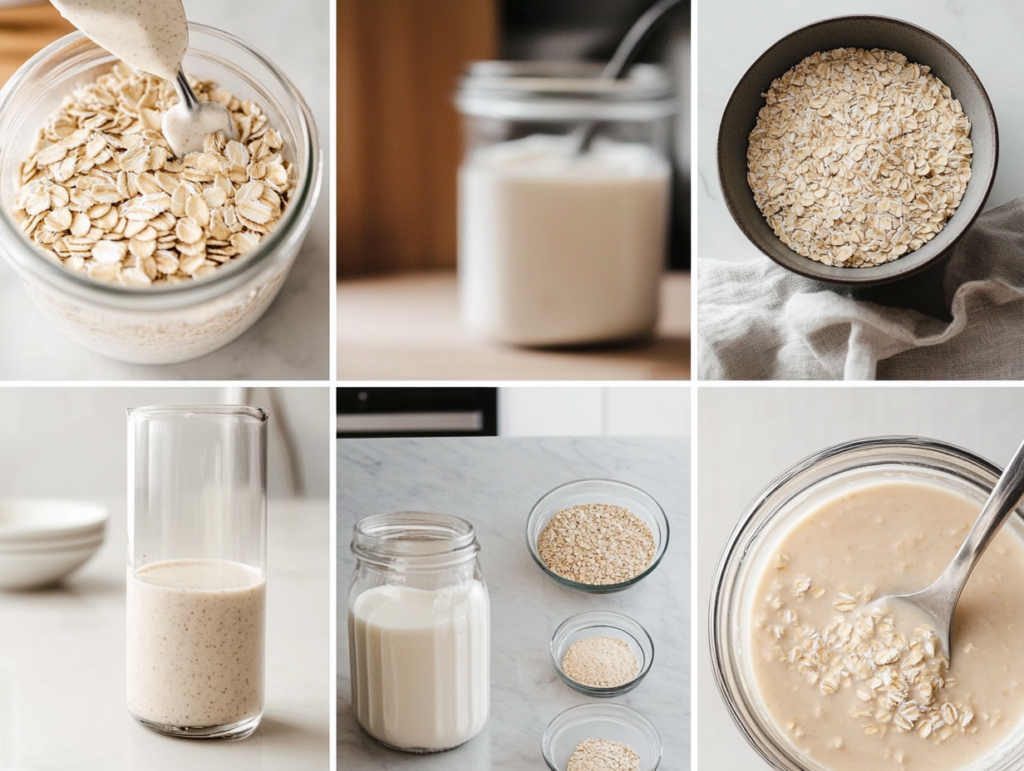 Step-by-step guide to making overnight oats without chia seeds, from mixing ingredients to refrigerating