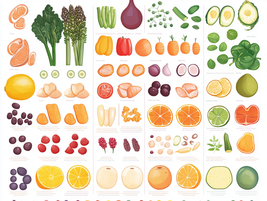 A colorful infographic showing anti-inflammatory foods, including fruits, vegetables, and healthy fats